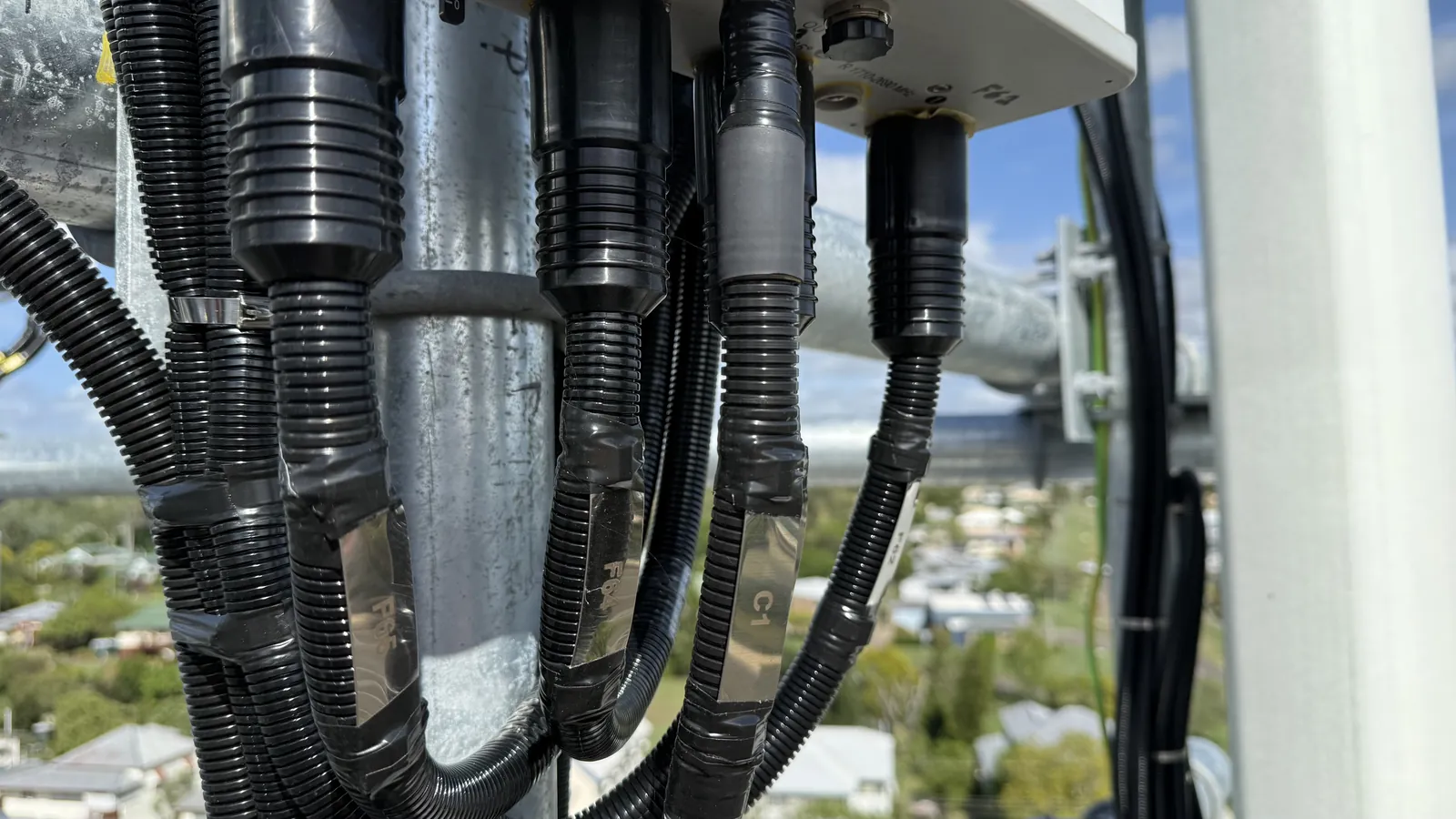 RF jumper cables connected to the bottom of a panel antenna